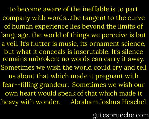 to become aware of the ineffable is to part company with words...the tangent to the curve of human experience lies beyond the limits of language. the world of things we perceive is but a veil. It’s flutter is music, its ornament science, but what it conceals is inscrutable. It’s silence remains unbroken; no words can carry it away. Sometimes we wish the world could cry and tell us about that which made it pregnant with fear--filling grandeur.<br /> Sometimes we wish our own heart would speak of that which made it heavy with wonder.<br /><br /> - Abraham Joshua Heschel
