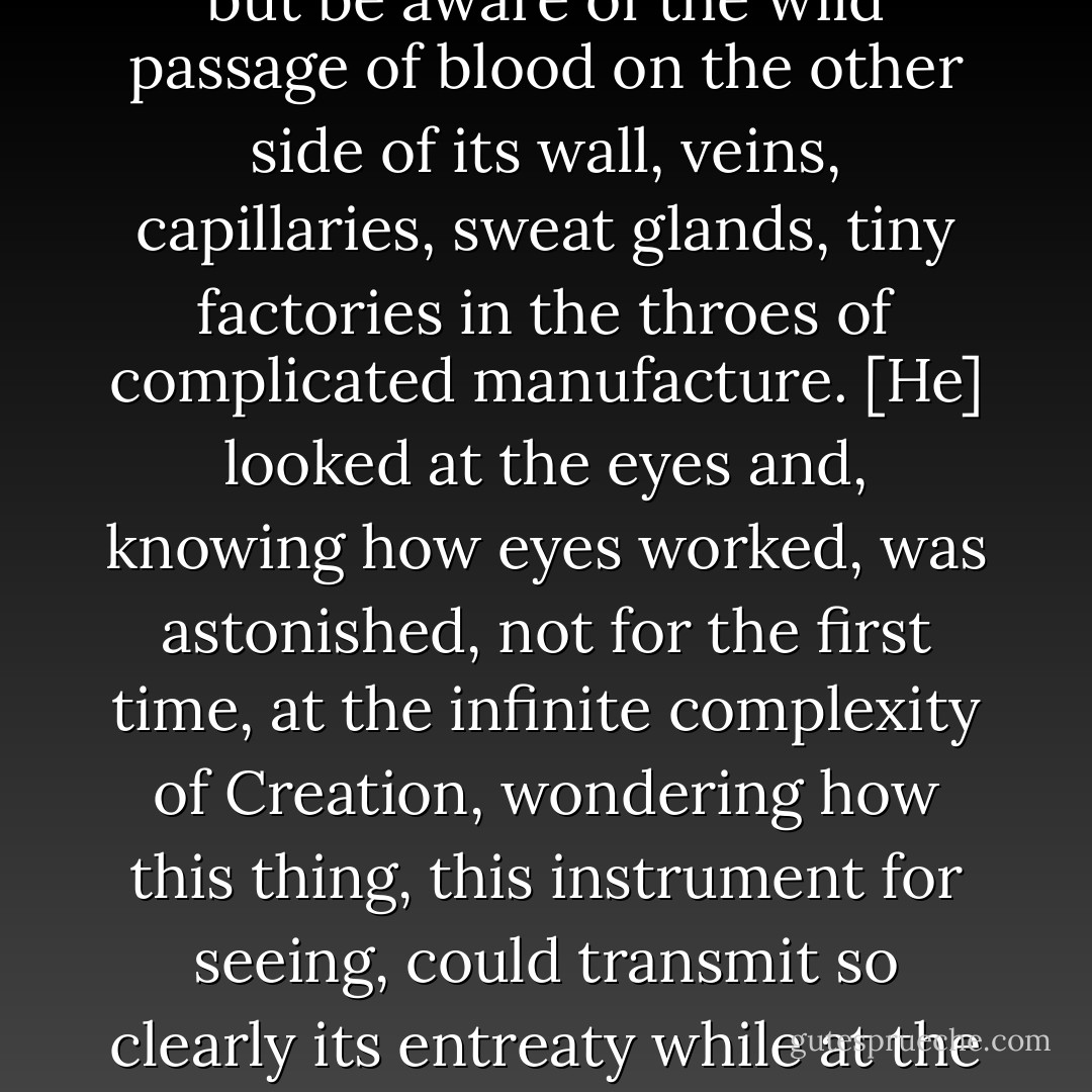 She held out her hand, like a man. He hesitated, then took the hand and shook it. It was very warm. You could not help but be aware of the wild passage of blood on the other side of its wall, veins, capillaries, sweat glands, tiny factories in the throes of complicated manufacture. [He] looked at the eyes and, knowing how eyes worked, was astonished, not for the first time, at the infinite complexity of Creation, wondering how this thing, this instrument for seeing, could transmit so clearly its entreaty while at the same time—-Look, I am only an eye—-denying that it was doing anything of the sort. - Peter Carey