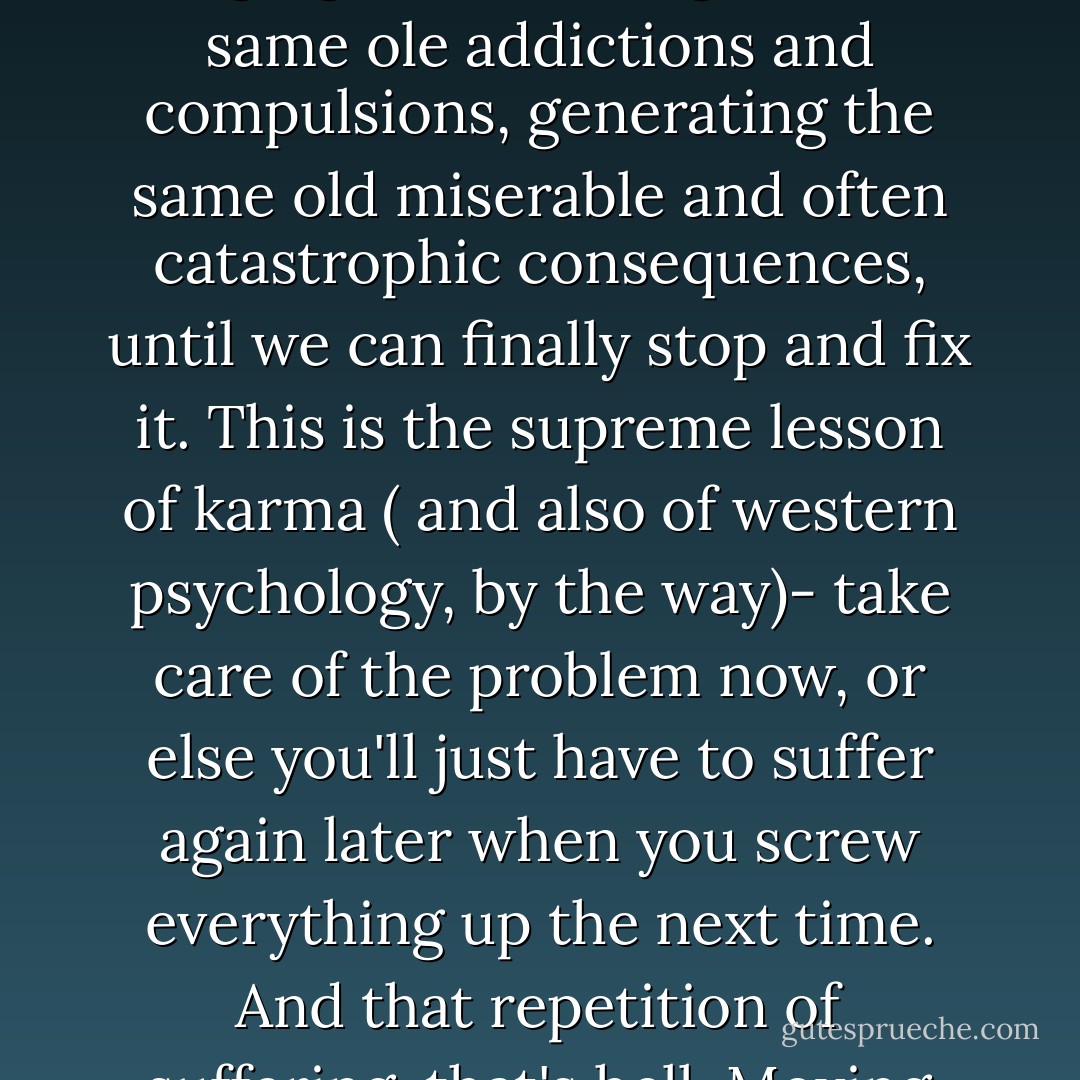 The karmic philosophy appeals to me on a metaphorical level because even in ones lifetime it's obvious how often we must repeat our same mistakes, banging our heads against the same ole addictions and compulsions, generating the same old miserable and often catastrophic consequences, until we can finally stop and fix it. This is the supreme lesson of karma ( and also of western psychology, by the way)- take care of the problem now, or else you'll just have to suffer again later when you screw everything up the next time. And that repetition of suffering-that's hell. Moving out of that endless repetition to a new level of understanding-there's where you'll find heaven. - Elizabeth Gilbert