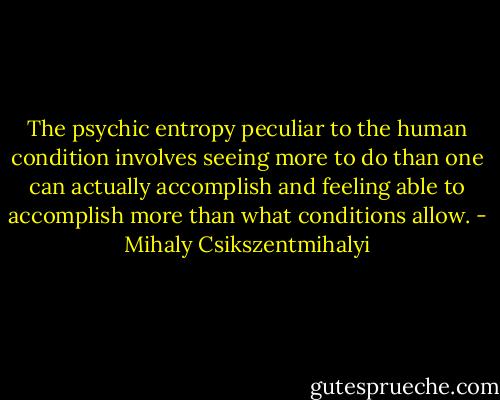 The psychic entropy peculiar to the human condition involves seeing more to do than one can actually accomplish and feeling able to accomplish more than what conditions allow. - Mihaly Csikszentmihalyi