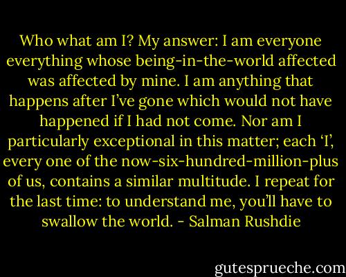 Who what am I? My answer: I am everyone everything whose being-in-the-world affected was affected by mine. I am anything that happens after I’ve gone which would not have happened if I had not come. Nor am I particularly exceptional in this matter; each ‘I’, every one of the now-six-hundred-million-plus of us, contains a similar multitude. I repeat for the last time: to understand me, you’ll have to swallow the world. - Salman Rushdie