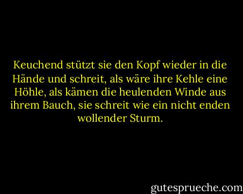Keuchend stützt sie den Kopf wieder in die Hände und schreit, als wäre ihre Kehle eine Höhle, als kämen die heulenden Winde aus ihrem Bauch, sie schreit wie ein nicht enden wollender Sturm. - Marilyn French<