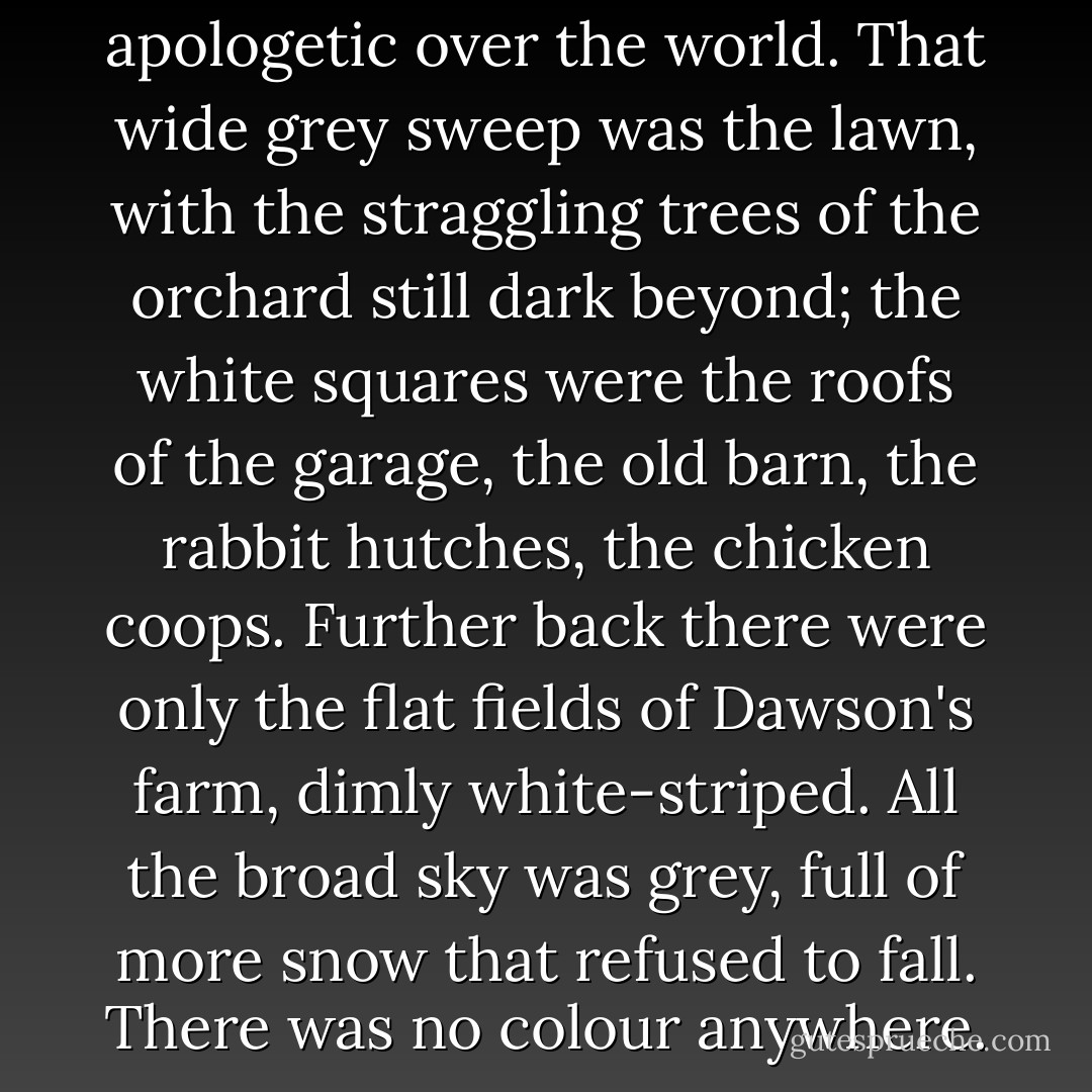 The snow lay thin and apologetic over the world. That wide grey sweep was the lawn, with the straggling trees of the orchard still dark beyond; the white squares were the roofs of the garage, the old barn, the rabbit hutches, the chicken coops. Further back there were only the flat fields of Dawson's farm, dimly white-striped. All the broad sky was grey, full of more snow that refused to fall. There was no colour anywhere. - Susan Cooper