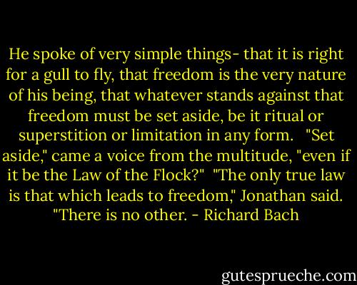 He spoke of very simple things- that it is right for a gull to fly, that freedom is the very nature of his being, that whatever stands against that freedom must be set aside, be it ritual or superstition or limitation in any form. <br /><br />"Set aside," came a voice from the multitude, "even if it be the Law of the Flock?"<br /><br />"The only true law is that which leads to freedom," Jonathan said. "There is no other. - Richard Bach
