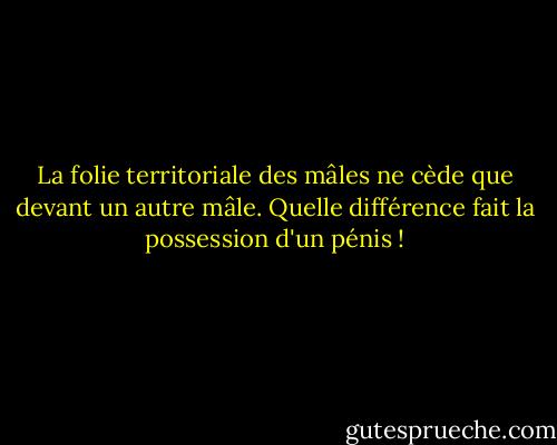 La folie territoriale des mâles ne cède que devant un autre mâle. Quelle différence fait la possession d'un pénis ! - Marilyn French