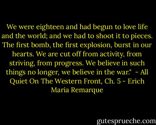 We were eighteen and had begun to love life and the world; and we had to shoot it to pieces. The first bomb, the first explosion, burst in our hearts. We are cut off from activity, from striving, from progress. We believe in such things no longer, we believe in the war." <br />- All Quiet On The Western Front, Ch. 5 - Erich Maria Remarque
