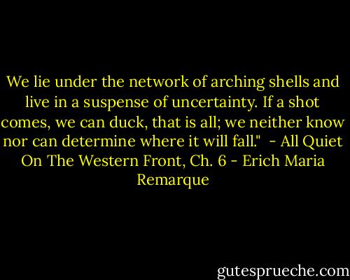 We lie under the network of arching shells and live in a suspense of uncertainty. If a shot comes, we can duck, that is all; we neither know nor can determine where it will fall." <br />- All Quiet On The Western Front, Ch. 6 - Erich Maria Remarque