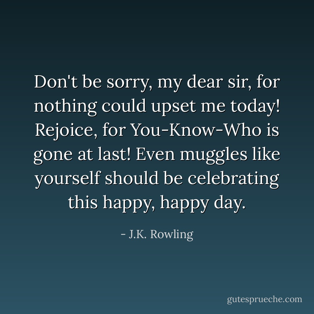 Don't be sorry, my dear sir, for nothing could upset me today! Rejoice, for You-Know-Who is gone at last! Even muggles like yourself should be celebrating this happy, happy day. - J.K. Rowling