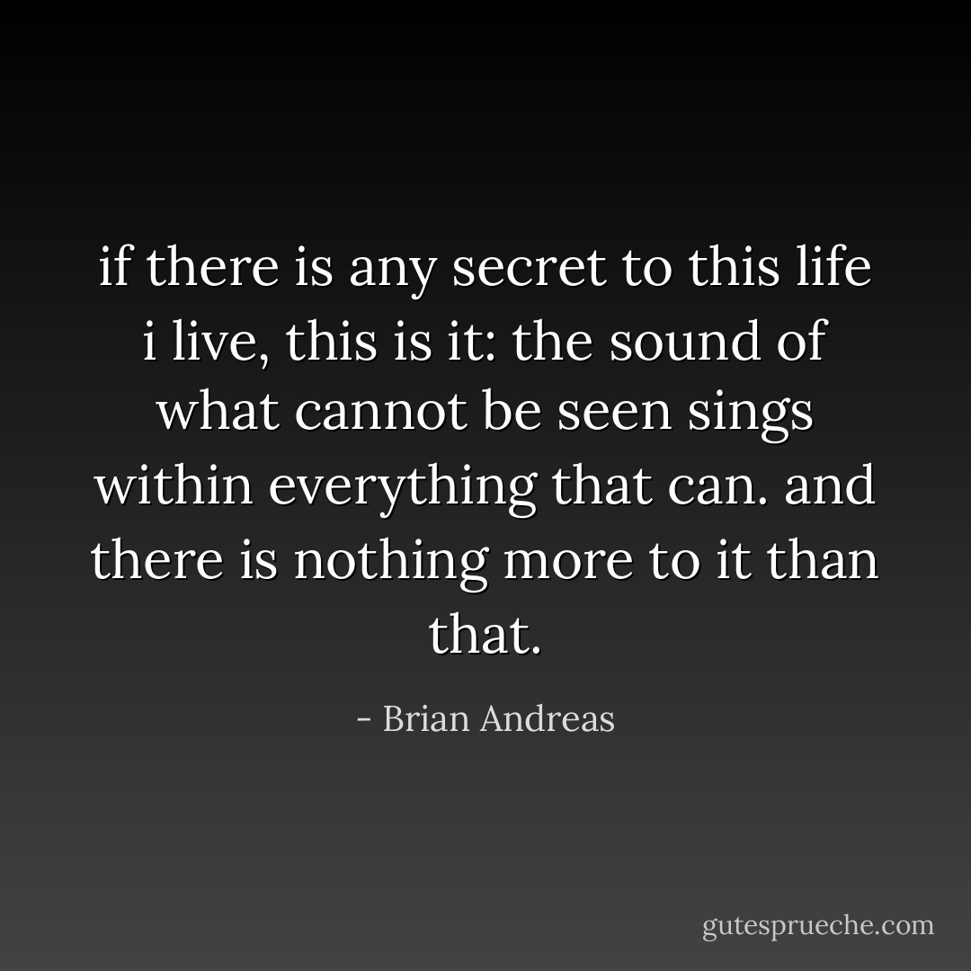 if there is any secret to this life i live, this is it: the sound of what cannot be seen sings within everything that can. and there is nothing more to it than that. - Brian Andreas
