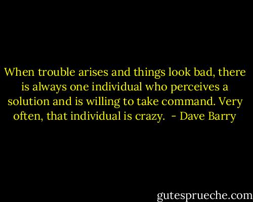 When trouble arises and things look bad, there is always one individual who perceives a solution and is willing to take command. Very often, that individual is crazy.  - Dave Barry