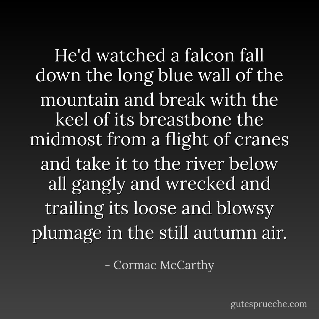 He'd watched a falcon fall down the long blue wall of the mountain and break with the keel of its breastbone the midmost from a flight of cranes and take it to the river below all gangly and wrecked and trailing its loose and blowsy plumage in the still autumn air. - Cormac McCarthy