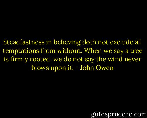 Steadfastness in believing doth not exclude all temptations from without. When we say a tree is firmly rooted, we do not say the wind never blows upon it. - John Owen