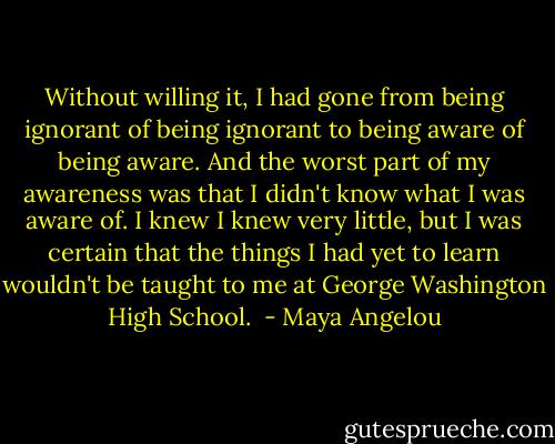 Without willing it, I had gone from being ignorant of being ignorant to being aware of being aware. And the worst part of my awareness was that I didn't know what I was aware of. I knew I knew very little, but I was certain that the things I had yet to learn wouldn't be taught to me at George Washington High School.  - Maya Angelou