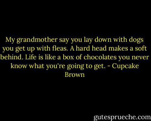 My grandmother say you lay down with dogs you get up with fleas. A hard head makes a soft behind. Life is like a box of chocolates you never know what you're going to get. - Cupcake Brown