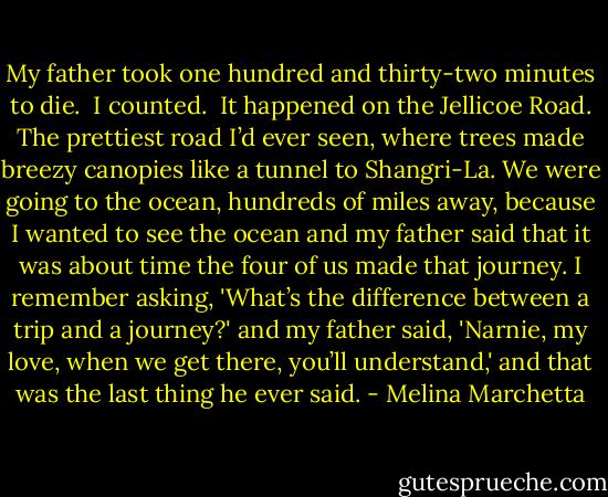 My father took one hundred and thirty-two minutes to die.<br /><br />I counted.<br /><br />It happened on the Jellicoe Road. The prettiest road I’d ever seen, where trees made breezy canopies like a tunnel to Shangri-La. We were going to the ocean, hundreds of miles away, because I wanted to see the ocean and my father said that it was about time the four of us made that journey. I remember asking, 'What’s the difference between a trip and a journey?' and my father said, 'Narnie, my love, when we get there, you’ll understand,' and that was the last thing he ever said. - Melina Marchetta
