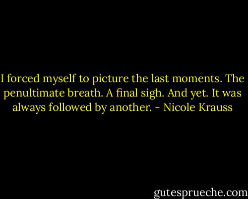 I forced myself to picture the last moments. The penultimate breath. A final sigh. And yet. It was always followed by another. - Nicole Krauss
