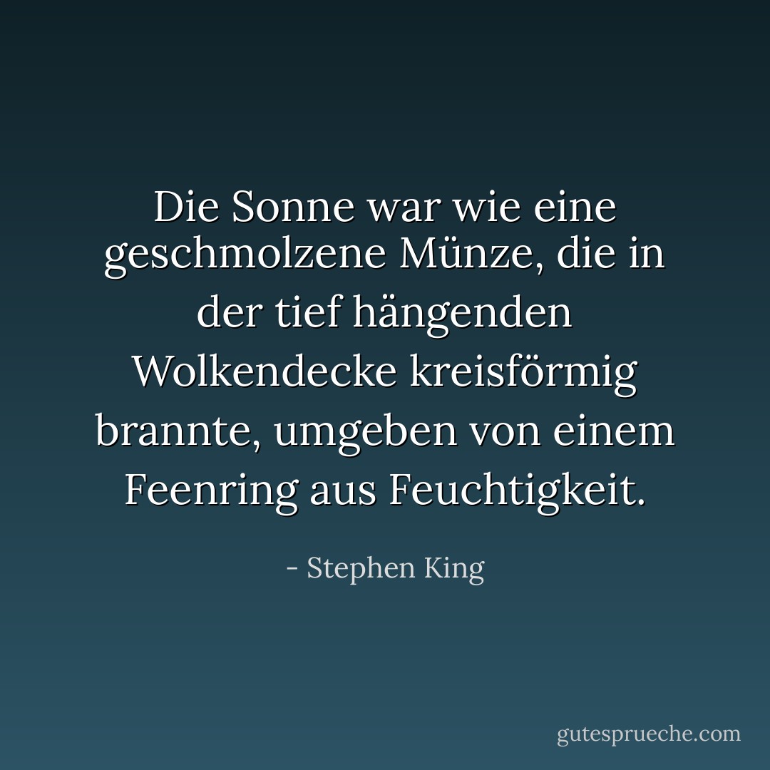 Die Sonne war wie eine geschmolzene Münze, die in der tief hängenden Wolkendecke kreisförmig brannte, umgeben von einem Feenring aus Feuchtigkeit. - Stephen King<