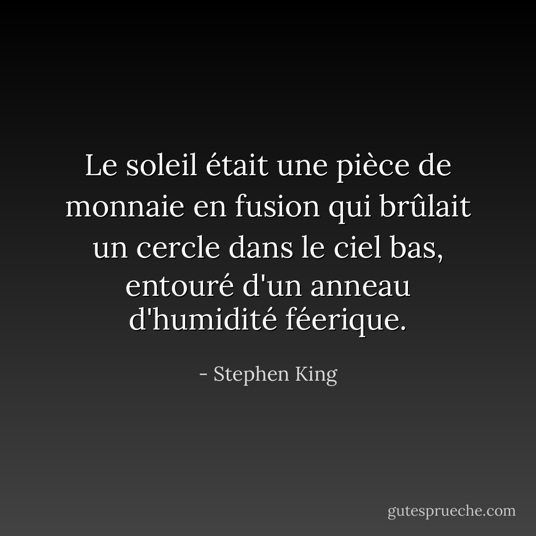 Le soleil était une pièce de monnaie en fusion qui brûlait un cercle dans le ciel bas, entouré d'un anneau d'humidité féerique. - Stephen King