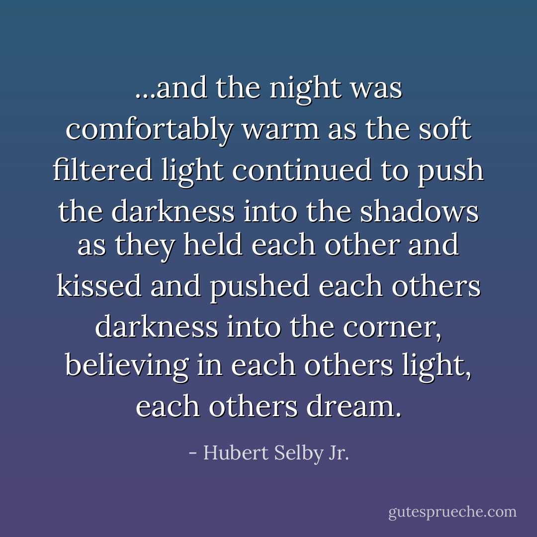 ...and the night was comfortably warm as the soft filtered light continued to push the darkness into the shadows as they held each other and kissed and pushed each others darkness into the corner, believing in each others light, each others dream. - Hubert Selby Jr.