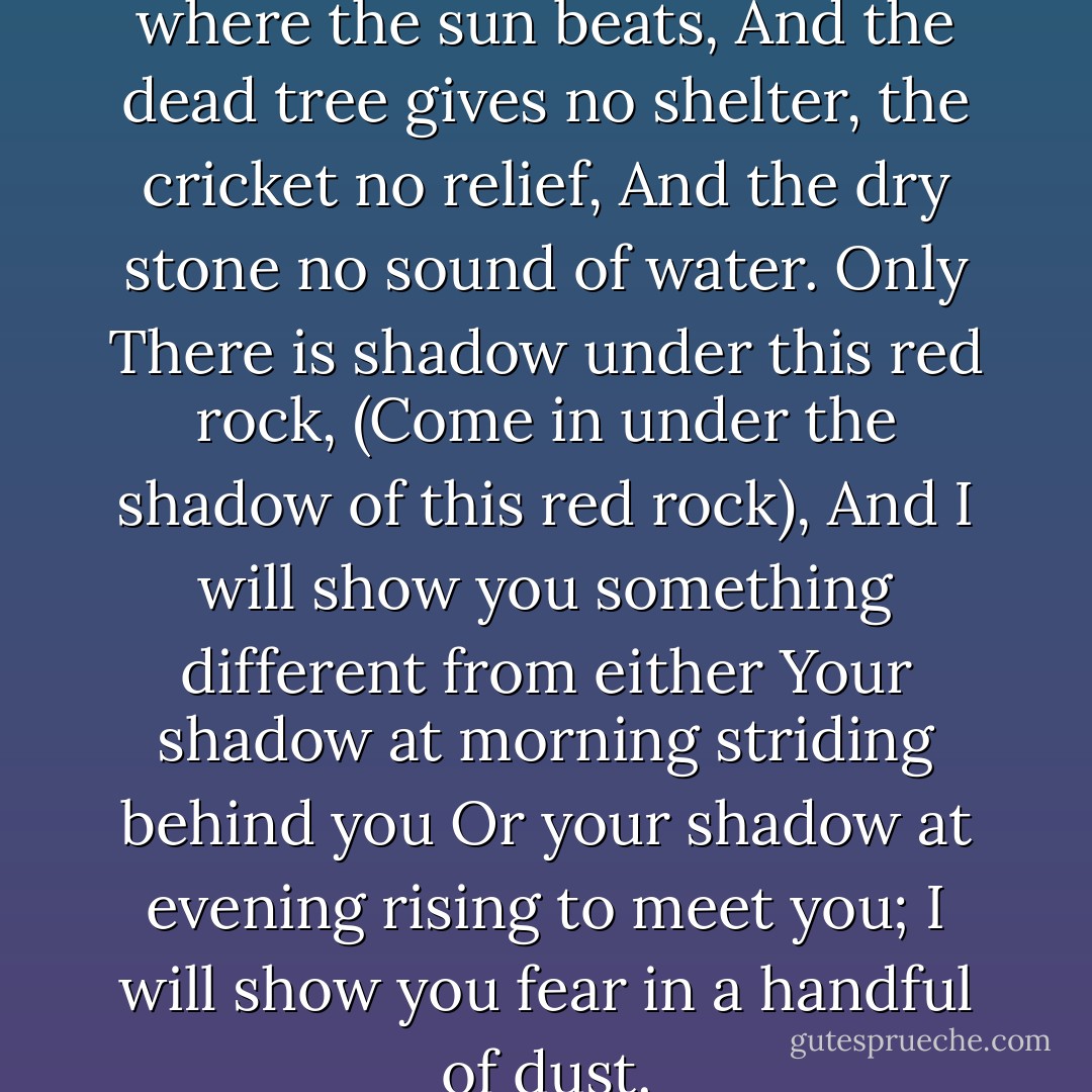 A heap of broken images, where the sun beats,<br />And the dead tree gives no shelter, the cricket no relief,<br />And the dry stone no sound of water. Only<br />There is shadow under this red rock,<br />(Come in under the shadow of this red rock),<br />And I will show you something different from either<br />Your shadow at morning striding behind you<br />Or your shadow at evening rising to meet you;<br />I will show you fear in a handful of dust. - T.S. Eliot