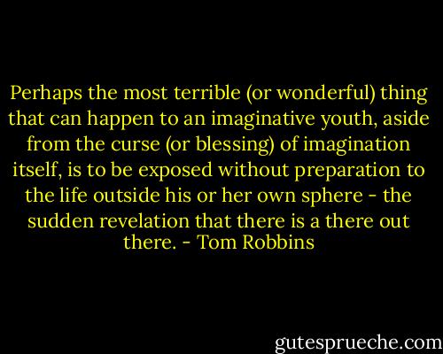 Perhaps the most terrible (or wonderful) thing that can happen to an imaginative youth, aside from the curse (or blessing) of imagination itself, is to be exposed without preparation to the life outside his or her own sphere - the sudden revelation that there is a there out there. - Tom Robbins