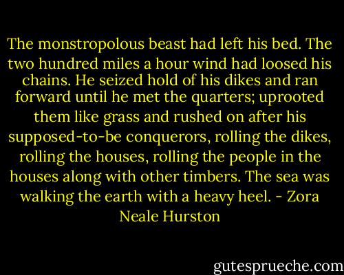 The monstropolous beast had left his bed. The two hundred miles a hour wind had loosed his chains. He seized hold of his dikes and ran forward until he met the quarters; uprooted them like grass and rushed on after his supposed-to-be conquerors, rolling the dikes, rolling the houses, rolling the people in the houses along with other timbers. The sea was walking the earth with a heavy heel. - Zora Neale Hurston