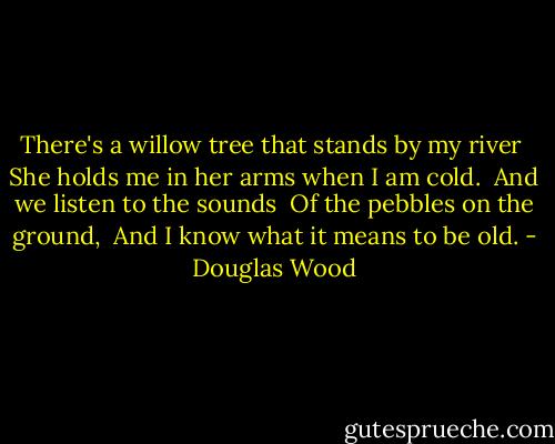There's a willow tree that stands by my river <br />She holds me in her arms when I am cold. <br />And we listen to the sounds <br />Of the pebbles on the ground, <br />And I know what it means to be old. - Douglas Wood