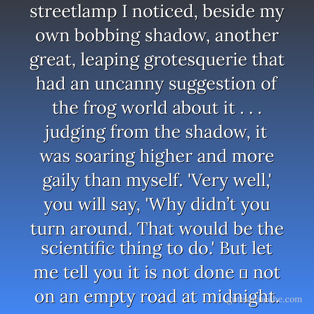 As we passed under a streetlamp I noticed, beside my own bobbing shadow, another great, leaping grotesquerie that had an uncanny suggestion of the frog world about it . . . judging from the shadow, it was soaring higher and more gaily than myself.<br />'Very well,' you will say, 'Why didn’t you turn around. That would be the scientific thing to do.'<br />But let me tell you it is not done ― not on an empty road at midnight. - Loren Eiseley