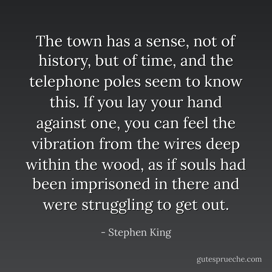 The town has a sense, not of history, but of time, and the telephone poles seem to know this. If you lay your hand against one, you can feel the vibration from the wires deep within the wood, as if souls had been imprisoned in there and were struggling to get out. - Stephen King