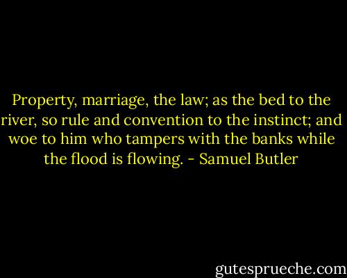 Property, marriage, the law; as the bed to the river, so rule and convention to the instinct; and woe to him who tampers with the banks while the flood is flowing. - Samuel Butler