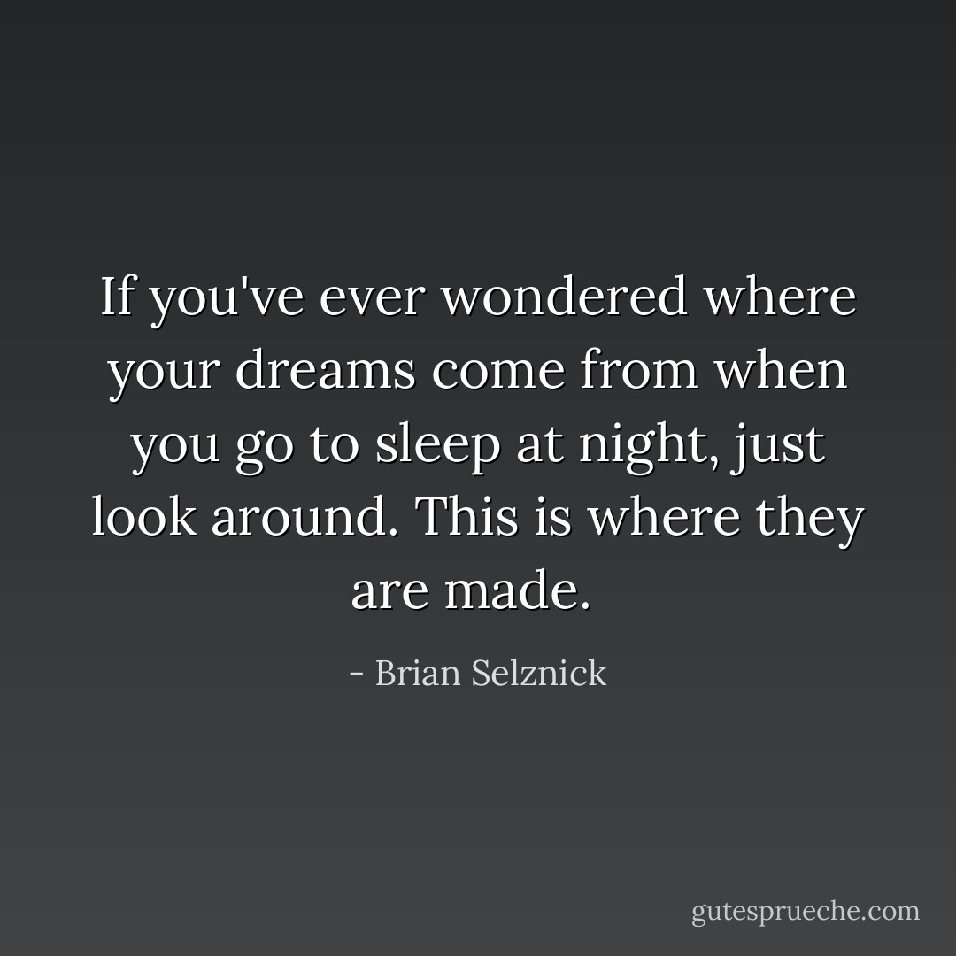 If you've ever wondered where your dreams come from when you go to sleep at night, just look around. This is where they are made.  - Brian Selznick