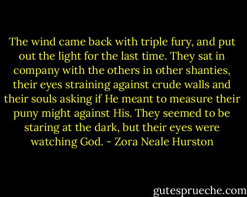 The wind came back with triple fury, and put out the light for the last time. They sat in company with the others in other shanties, their eyes straining against crude walls and their souls asking if He meant to measure their puny might against His. They seemed to be staring at the dark, but their eyes were watching God. - Zora Neale Hurston
