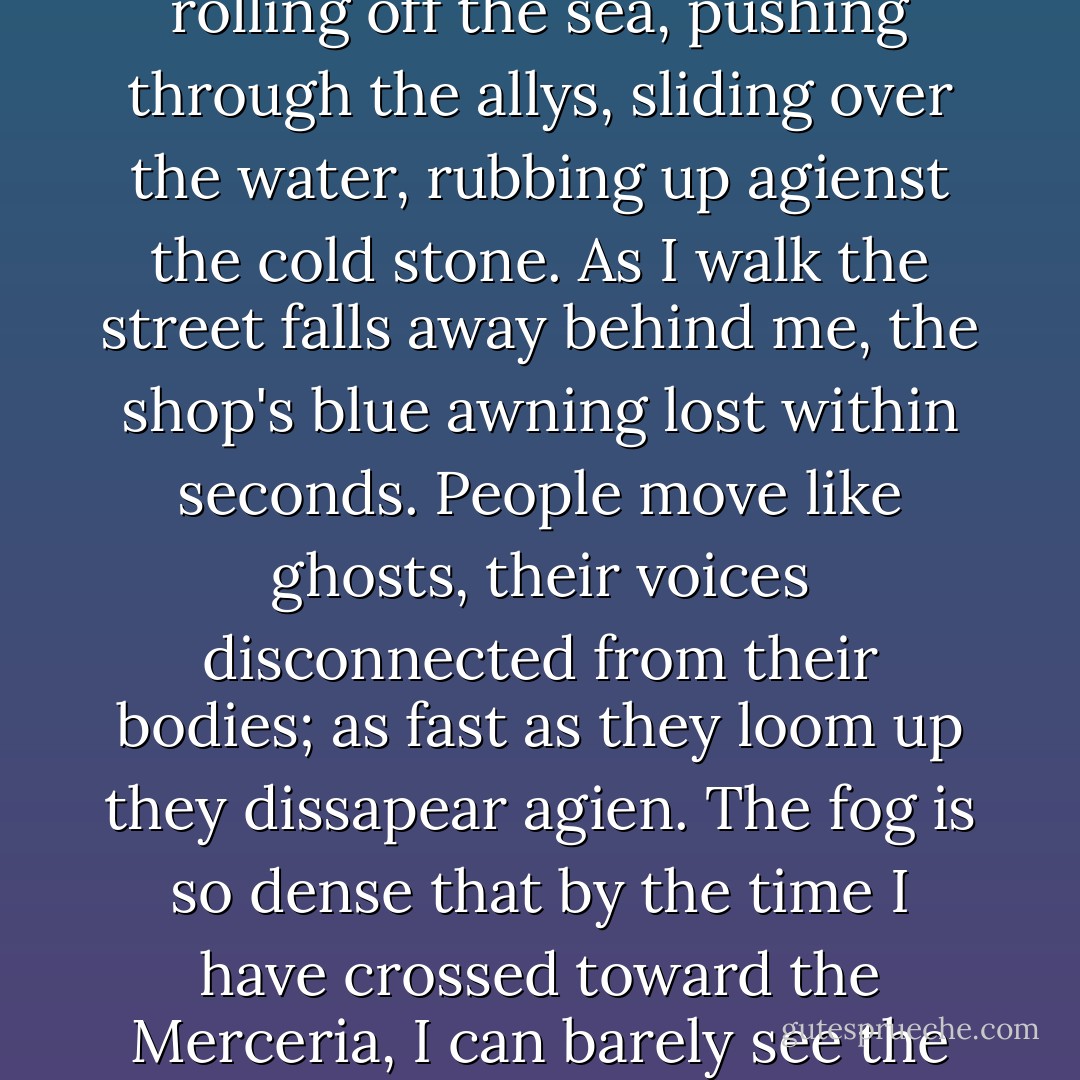 Outside, the city is changing. While we have been talking of God's laws and seacrets of the earth, a cold fog has come rolling off the sea, pushing through the allys, sliding over the water, rubbing up agienst the cold stone. As I walk the street falls away behind me, the shop's blue awning lost within seconds. People move like ghosts, their voices disconnected from their bodies; as fast as they loom up they dissapear agien. The fog is so dense that by the time I have crossed toward the Merceria, I can barely see the ground under my feet or tell if the gloom is weather of the beginning of dusk. - Sarah Dunant