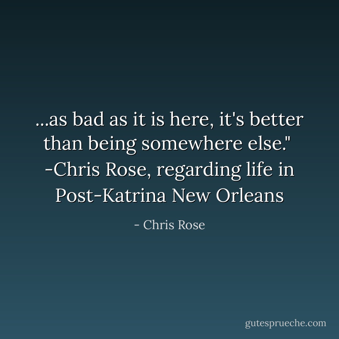 ...as bad as it is here, it's better than being somewhere else."<br /><br />-Chris Rose, regarding life in Post-Katrina New Orleans - Chris Rose