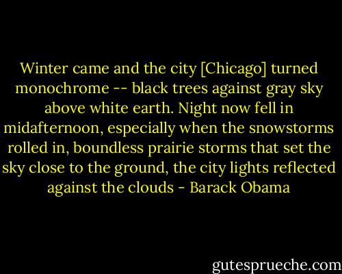 Winter came and the city [Chicago] turned monochrome -- black trees against gray sky above white earth. Night now fell in midafternoon, especially when the snowstorms rolled in, boundless prairie storms that set the sky close to the ground, the city lights reflected against the clouds - Barack Obama
