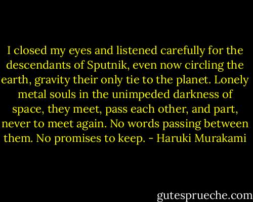 I closed my eyes and listened carefully for the descendants of Sputnik, even now circling the earth, gravity their only tie to the planet. Lonely metal souls in the unimpeded darkness of space, they meet, pass each other, and part, never to meet again. No words passing between them. No promises to keep. - Haruki Murakami