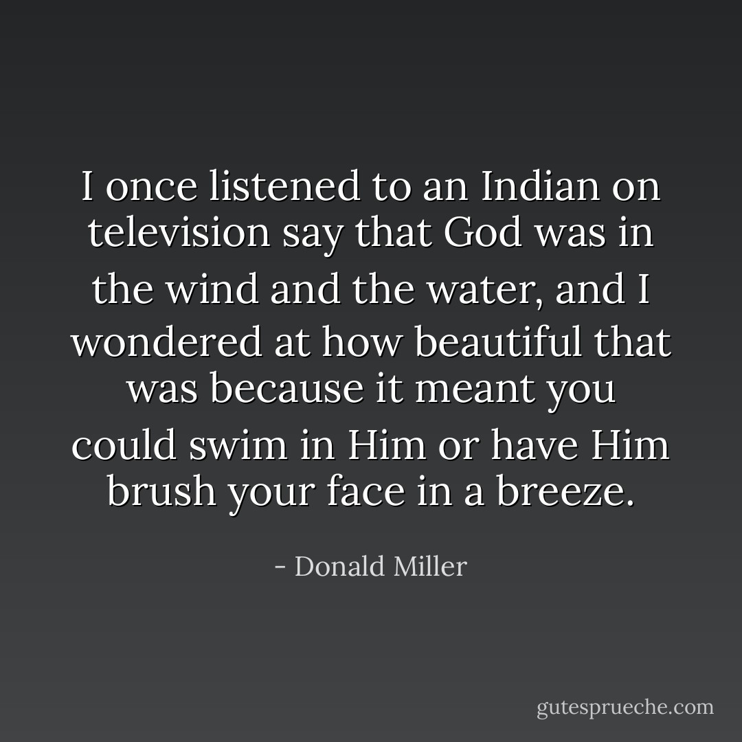 I once listened to an Indian on television say that God was in the wind and the water, and I wondered at how beautiful that was because it meant you could swim in Him or have Him brush your face in a breeze. - Donald Miller