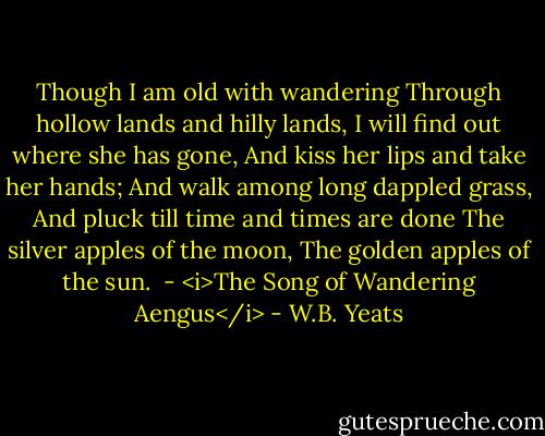 Though I am old with wandering<br />Through hollow lands and hilly lands,<br />I will find out where she has gone,<br />And kiss her lips and take her hands;<br />And walk among long dappled grass,<br />And pluck till time and times are done<br />The silver apples of the moon,<br />The golden apples of the sun.<br /><br />- <i>The Song of Wandering Aengus</i> - W.B. Yeats