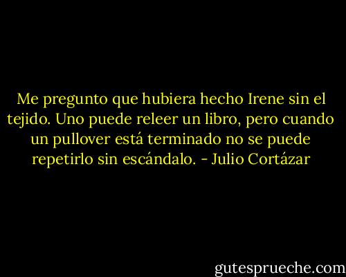 Me pregunto que hubiera hecho Irene sin el tejido. Uno puede releer un libro, pero cuando un pullover está terminado no se puede repetirlo sin escándalo. - Julio Cortázar