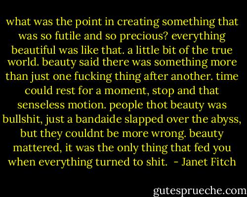 what was the point in creating something that was so futile and so precious? everything beautiful was like that. a little bit of the true world. beauty said there was something more than just one fucking thing after another. time could rest for a moment, stop and that senseless motion. people thot beauty was bullshit, just a bandaide slapped over the abyss, but they couldnt be more wrong. beauty mattered, it was the only thing that fed you when everything turned to shit.  - Janet Fitch