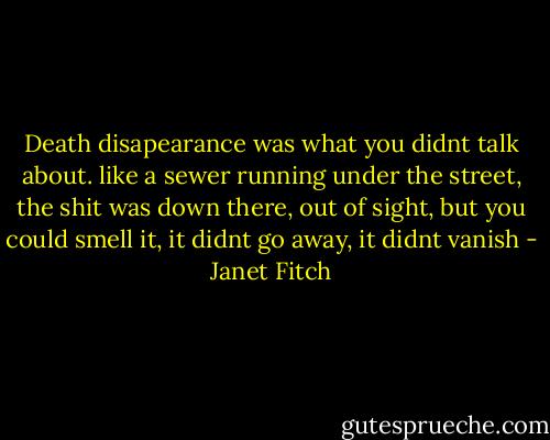 Death disapearance was what you didnt talk about. like a sewer running under the street, the shit was down there, out of sight, but you could smell it, it didnt go away, it didnt vanish - Janet Fitch