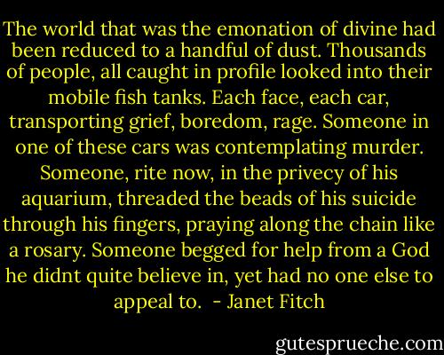 The world that was the emonation of divine had been reduced to a handful of dust. Thousands of people, all caught in profile looked into their mobile fish tanks. Each face, each car, transporting grief, boredom, rage. Someone in one of these cars was contemplating murder. Someone, rite now, in the privecy of his aquarium, threaded the beads of his suicide through his fingers, praying along the chain like a rosary. Someone begged for help from a God he didnt quite believe in, yet had no one else to appeal to.  - Janet Fitch