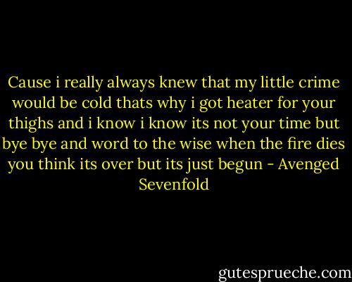 Cause i really always knew that my little crime would be cold thats why i got heater for your thighs and i know i know its not your time but bye bye and word to the wise when the fire dies you think its over but its just begun - Avenged Sevenfold