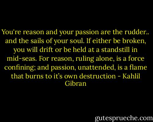 You're reason and your passion are the rudder.. and the sails of your soul. If either be broken, you will drift or be held at a standstill in mid-seas. For reason, ruling alone, is a force confining; and passion, unattended, is a flame that burns to it’s own destruction - Kahlil Gibran