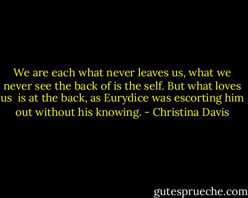 We are each what never leaves us, what we never see<br />the back of<br />is the self. But what loves us<br /><br />is at the back, as Eurydice was<br />escorting him out<br />without his knowing. - Christina Davis