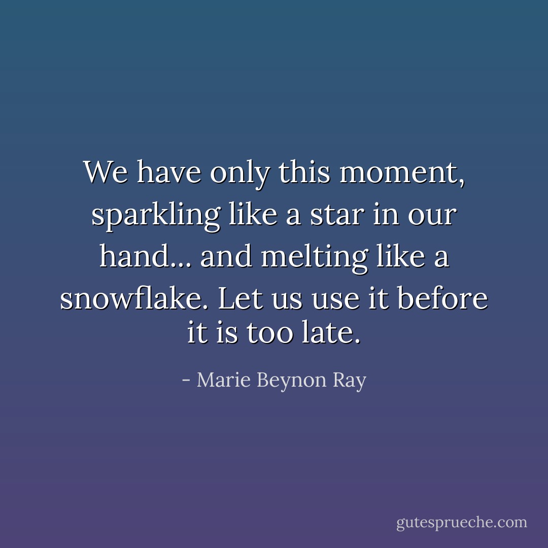 We have only this moment, sparkling like a star in our hand... and melting like a snowflake. Let us use it before it is too late. - Marie Beynon Ray