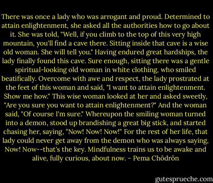 There was once a lady who was arrogant and proud. Determined to attain enlightenment, she asked all the authorities how to go about it. She was told, "Well, if you climb to the top of this very high mountain, you'll find a cave there. Sitting inside that cave is a wise old woman. She will tell you." Having endured great hardships, the lady finally found this cave. Sure enough, sitting there was a gentle spiritual-looking old woman in white clothing, who smiled beatifically. Overcome with awe and respect, the lady prostrated at the feet of this woman and said, "I want to attain enlightenment. Show me how." This wise woman looked at her and asked sweetly, "Are you sure you want to attain enlightenment?" And the woman said, "Of course I'm sure." Whereupon the smiling woman turned into a demon, stood up brandishing a great big stick, and started chasing her, saying, "Now! Now! Now!" For the rest of her life, that lady could never get away from the demon who was always saying, Now! Now--that's the key. Mindfulness trains us to be awake and alive, fully curious, about now. - Pema Chödrön