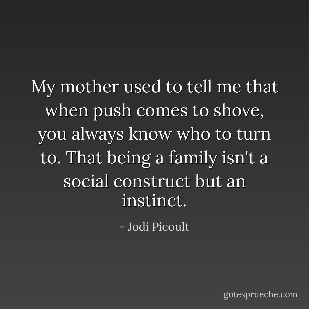 My mother used to tell me that when push comes to shove, you always know who to turn to. That being a family isn't a social construct but an instinct. - Jodi Picoult
