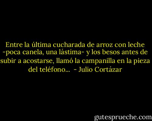 Entre la última cucharada de arroz con leche -poca canela, una lástima- y los besos antes de subir a acostarse, llamó la campanilla en la pieza del teléfono...  - Julio Cortázar
