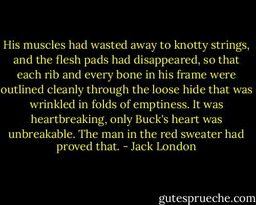 His muscles had wasted away to knotty strings, and the flesh pads had disappeared, so that each rib and every bone in his frame were outlined cleanly through the loose hide that was wrinkled in folds of emptiness. It was heartbreaking, only Buck's heart was unbreakable. The man in the red sweater had proved that. - Jack London